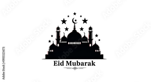 Eid Mubarak silhouette: A serene silhouette of a mosque adorned with stars and a crescent moon, embodying the spirit of Eid Mubarak, against a backdrop of peace and spirituality.