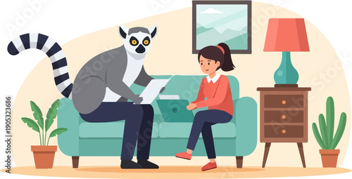 Lemur and girl in living room, discussing paperwork with laptop
