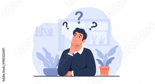 Man pondering with question marks above his head in a room with plants