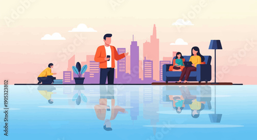 Modern flat illustration of people interacting and relaxing with city skyline backdrop