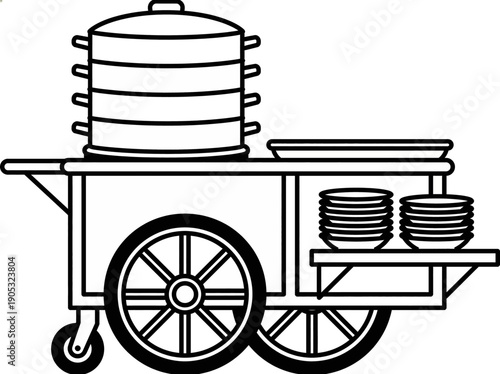 Food Cart with Stacked Pots and Plates on Wheels for Street Vendors.eps