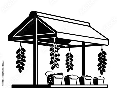 Market Stall with Hanging Plants and Potted Flowers Illustration