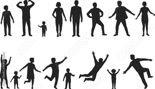 People silhouettes collection with adults and children, standing walking jumping poses, human figures set, family lifestyle illustration isolated