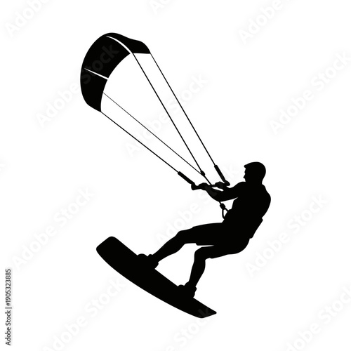 Man kitesurfing on water with parachute, viewed from side, silhouette illustration