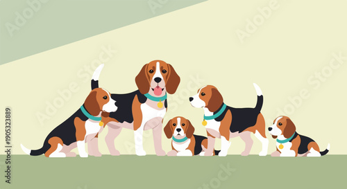 Five beagles in a flat graphic style, ranging from adult to puppy sizes