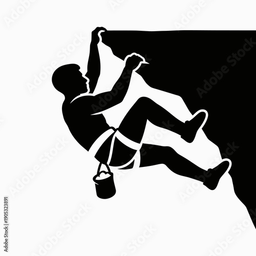 Rock climber ascending a steep cliff face with equipment and harness, viewed from the side in a bold black silhouette