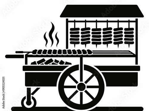 Street Food Vendor Cart with Barbecue and Skewers on Wheels Illustration