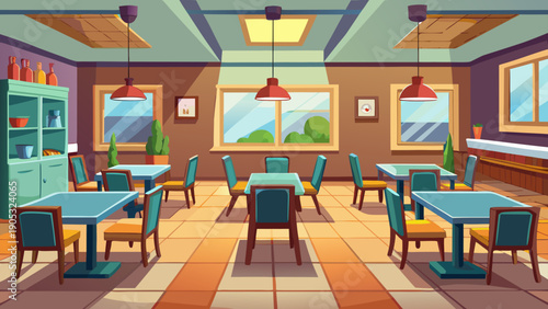 Simple cartoon vector of an empty restaurant room, plain floor, few chairs, open space, neutral colors, flat modern style