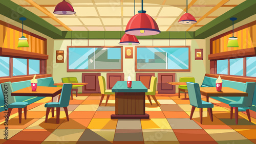 Simple cartoon vector of an empty restaurant room, plain floor, few chairs, open space, neutral colors, flat modern style