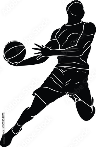 male basketball player with ball about to slam dunk silhouette vector illustration.