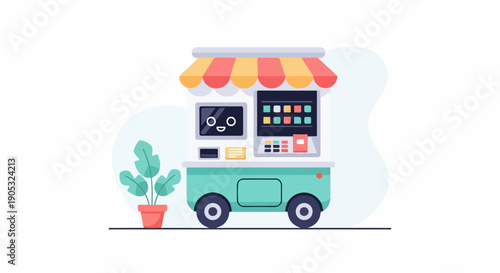 Friendly kiosk with a cute screen and colorful display, featuring a plant