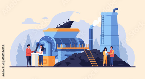 Industrial plant processes raw material with workers supervising operations