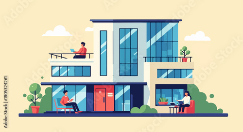 Modern home with people working on laptops and reading outdoors