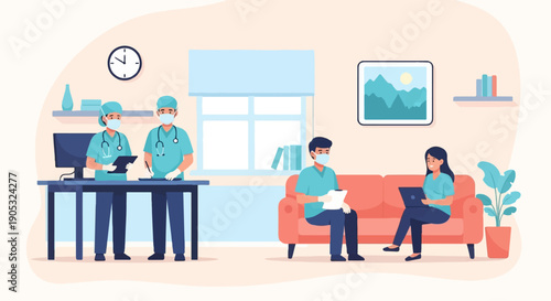 Healthcare professionals collaborate and communicate in a modern office setting