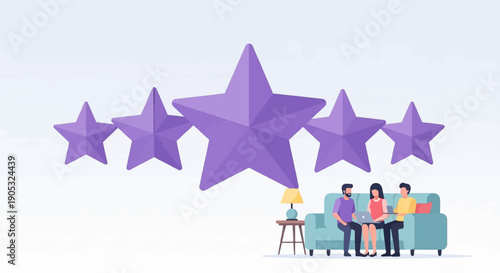 Five purple stars float above three people sitting on a couch