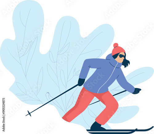 Flat vector illustration of woman skiing downhill in winter outfit with abstract leaf background for outdoor sports, seasonal adventure, fitness activity, cold weather travel, and lifestyle concept