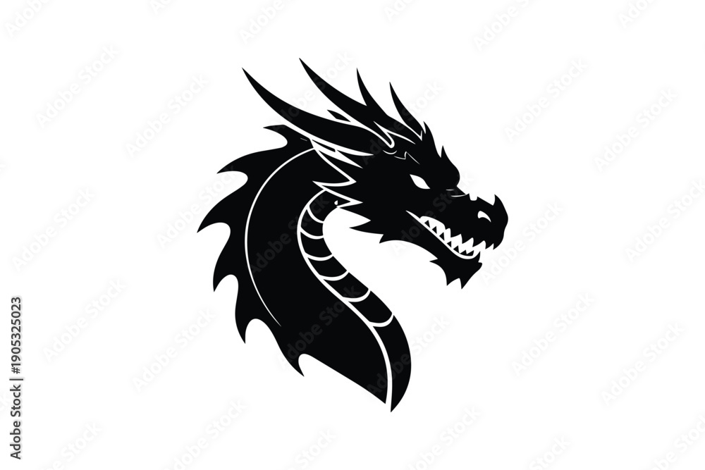 Fototapeta premium Black dragon head profile silhouette icon on white background with sharp horns and scales for fantasy designs
