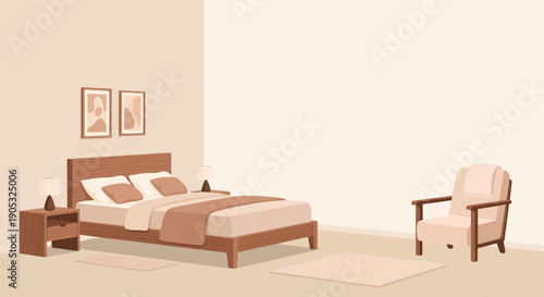 Minimalist bedroom with bed, armchair, and artwork