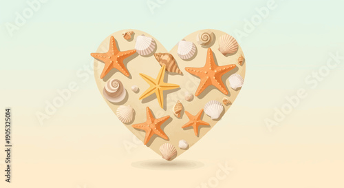 Heart shaped beach scene with starfish and shells