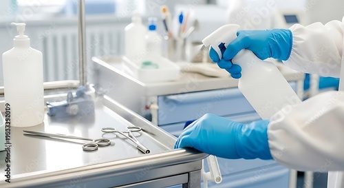Health care professional sprays disinfectant on medical tools and surfaces, ensuring vital hygiene, sterilization, and infection control in a clinic