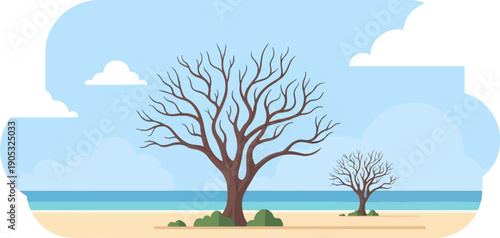 Minimalist beach scene with two bare trees and clouds