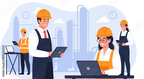 Industrial workers in hard hats collaborate using tablets and laptops at a plant