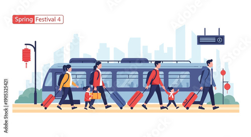 Illustration of people with luggage walking near transportation during a festive Chinese Spring Festival Day in a city with a red and blue color scheme.