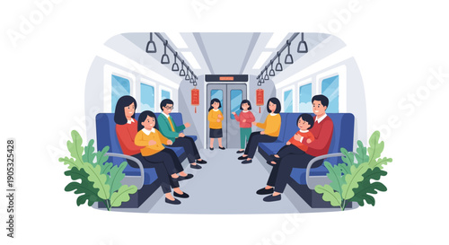 Illustration of people traveling in a train on Spring Festival Day with festive Asian background and red decorations.