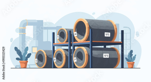 Industrial storage with large spools of wire and piping