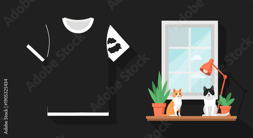 Flat art of a black t-shirt and two cats by a window with plants