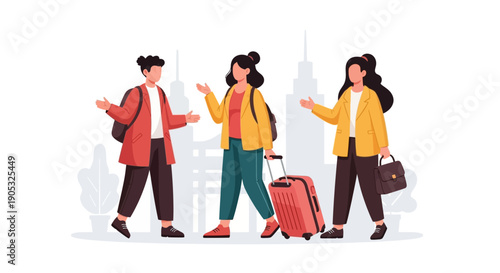 Illustration of people with luggage traveling during Chinese Spring Festival Day with festive Asian background and cityscape.