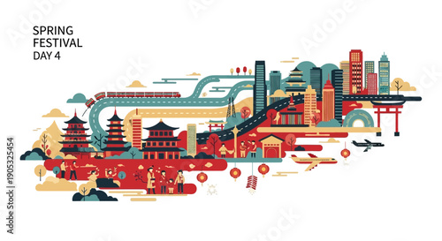Vibrant illustration of a Chinese cityscape with people, transportation, and festive lanterns during Spring Festival Day, showcasing holiday travel and celebration.