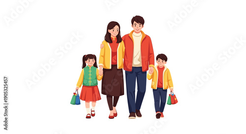 Illustration of a Chinese family with a man, woman, boy, and girl walking together in festive attire on Spring Festival Day with colorful bags, conveying a joyful holiday travel mood.