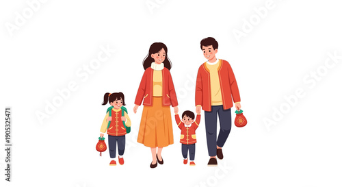 Illustration of a Chinese family of four walking together with red lanterns on a festive Asian background celebrating Spring Festival Day.