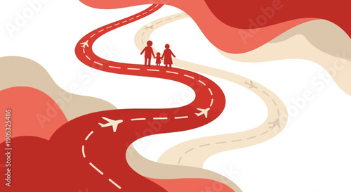 Illustration of a family traveling on a winding road with transportation modes on a festive Asian background for Spring Festival Day.