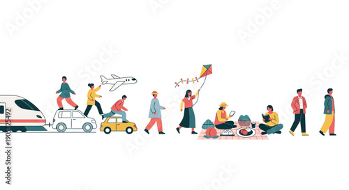 Illustration of people celebrating Spring Festival Day with various transportation and festive activities in a vibrant, red-toned city setting.