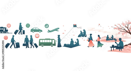 Illustration of people traveling and celebrating during Chinese Spring Festival with various transportation modes and festive elements in a vibrant, red and green color scheme.