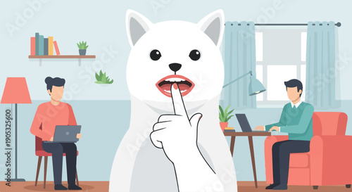 Friendly white dog silhouetted by a window, with people working on laptops