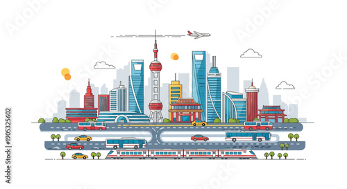 Illustration of a vibrant cityscape during Spring Festival Day with various transportation modes and festive lanterns in a colorful Asian background.