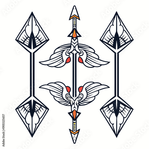 A stylized illustration of three arrows with decorative wings and red accents