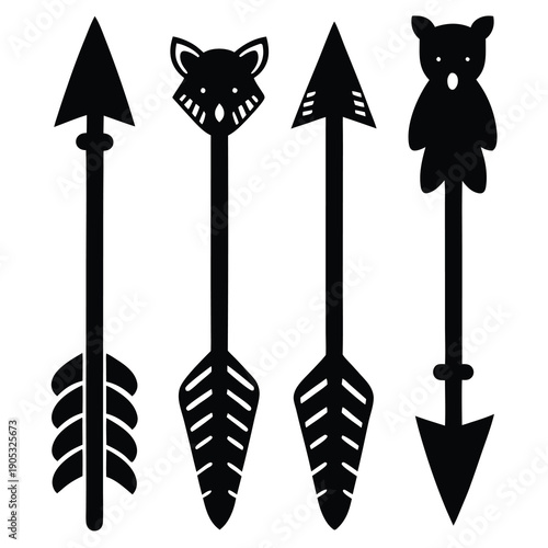 Four black silhouettes of arrows with animal designs