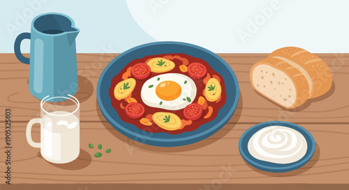 Hearty breakfast plate with fried egg, tomatoes, bread, and a glass of milk