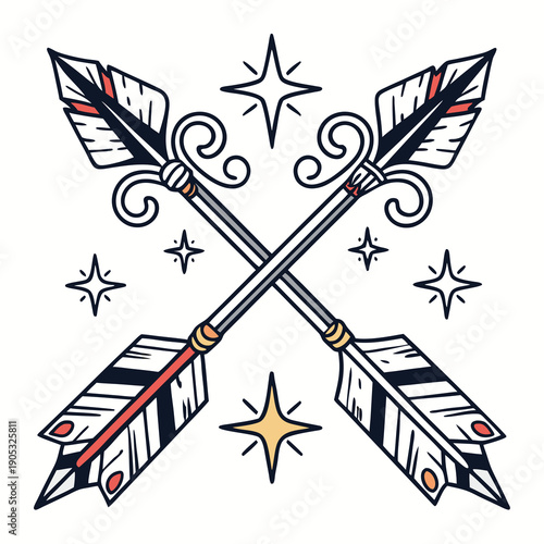 Crossed arrows with stars and feathers in a decorative tattoo style