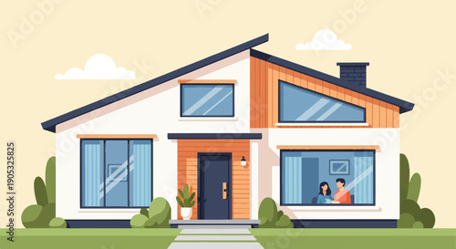 Modern house with a couple inside, surrounded by green shrubs and trees