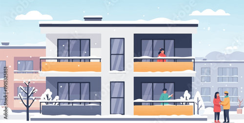 Flat buildings in a snowy urban landscape with people on balconies