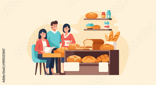 Friends and family enjoy pastries and bread at a cozy bakery