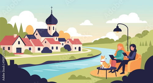 Peaceful riverside village scene with people, dog, and church