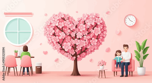 Heart-shaped cherry blossom tree indoors with family and workspace
