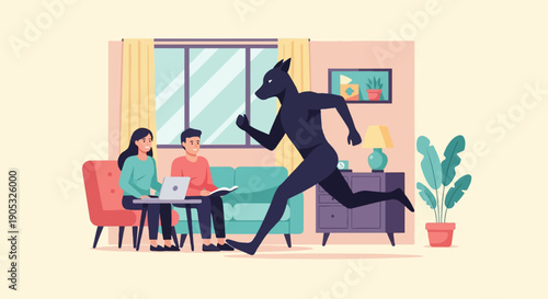 Interior scene with a couple working, and a dark canine figure running past