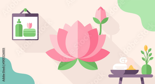 Peaceful spa scene with lotus, towels, and botanical elements